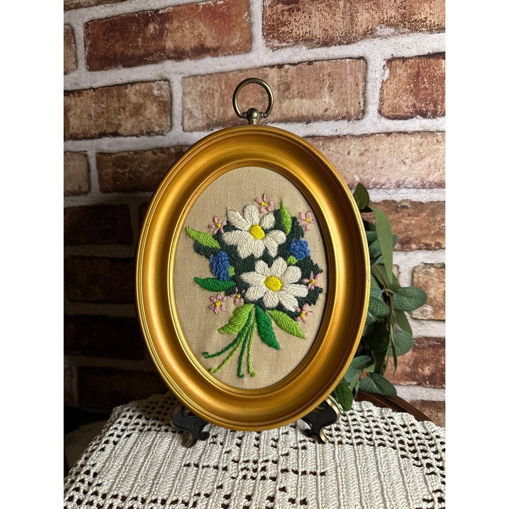 Vintage Crewel Embroidery of Daisies & Wildflowers in Gold Oval Faux Wood Frame